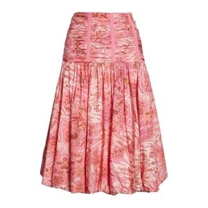 NEW Ulla Johnson Pink Roselani Ruched Bubble Midi Skirt Camellia Floral Size 4
